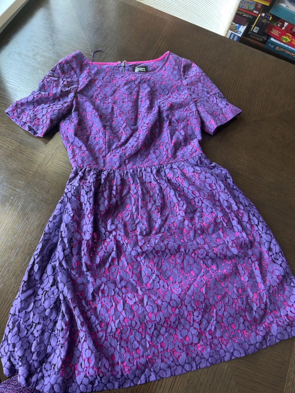 Adrianna Papell Purple Lace Midi Dress with Pink Underlay